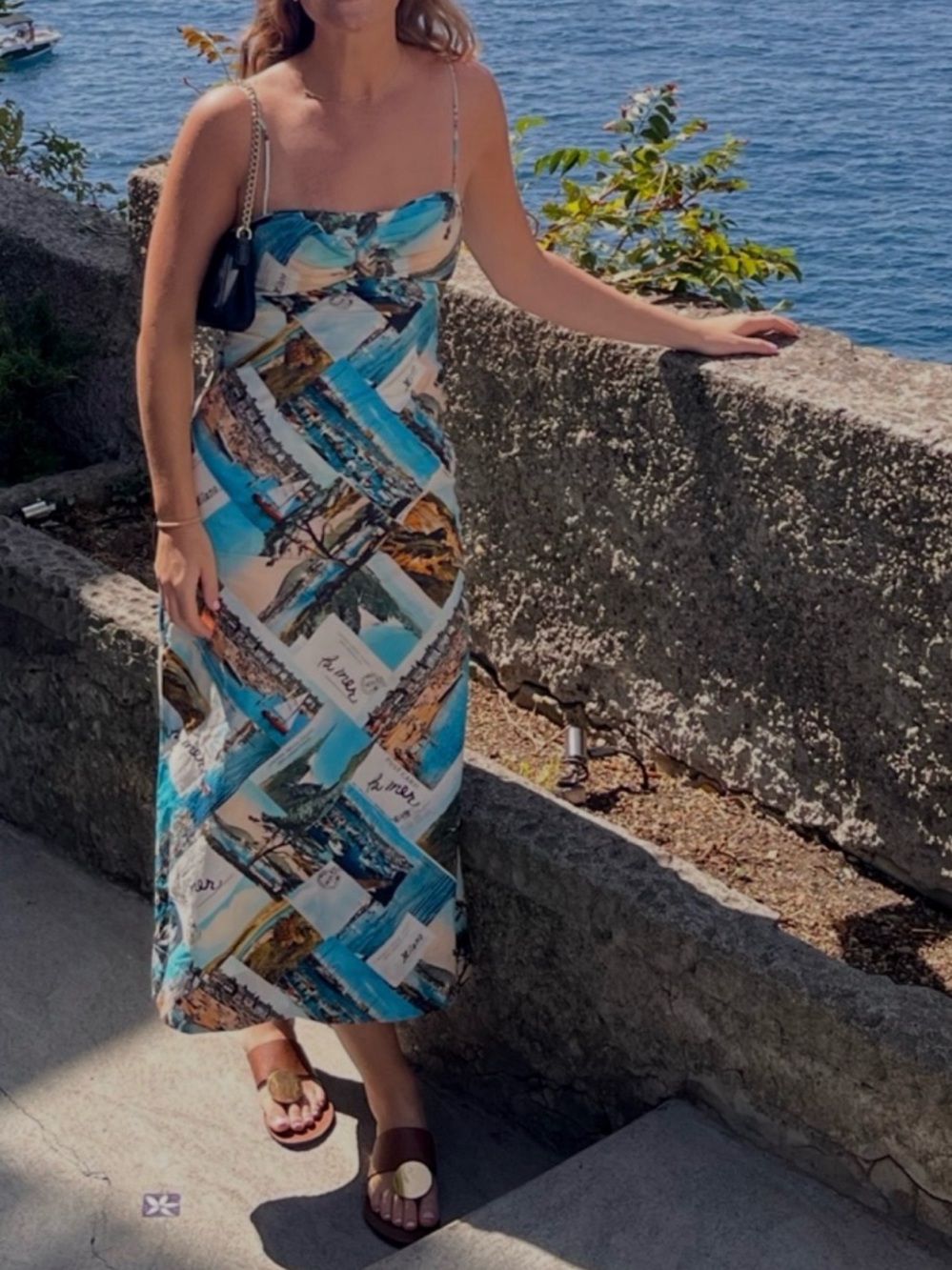 Blue & Cream Scenic Print Spaghetti Strap Maxi Dress